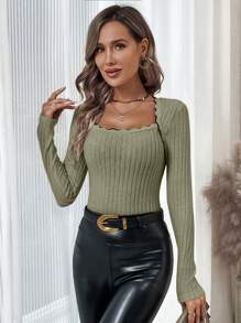 SHEIN Clasi Scallop Trim Ribbed Knit Tee - Army Green - View 3