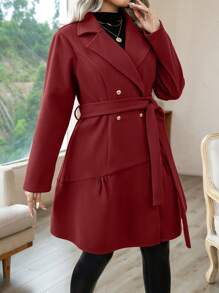 SHEIN LUNE 大尺碼露襠毛呢外套,雙排扣前開和腰帶 - 紅色 - 查看 6