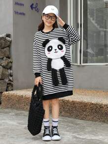 SHEIN Tween Girl Loose Fit Campus Style Panda Pattern Long Hoodie - Black and White - View 2