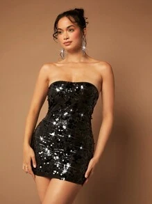 SHEIN BAE Giáng sinh Kim sa Đầm bó sát ống - màu đen - Xem 4