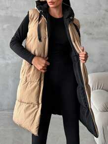 EURMUSE Zip Up Hooded Puffer Vest Coat - Black - View 1