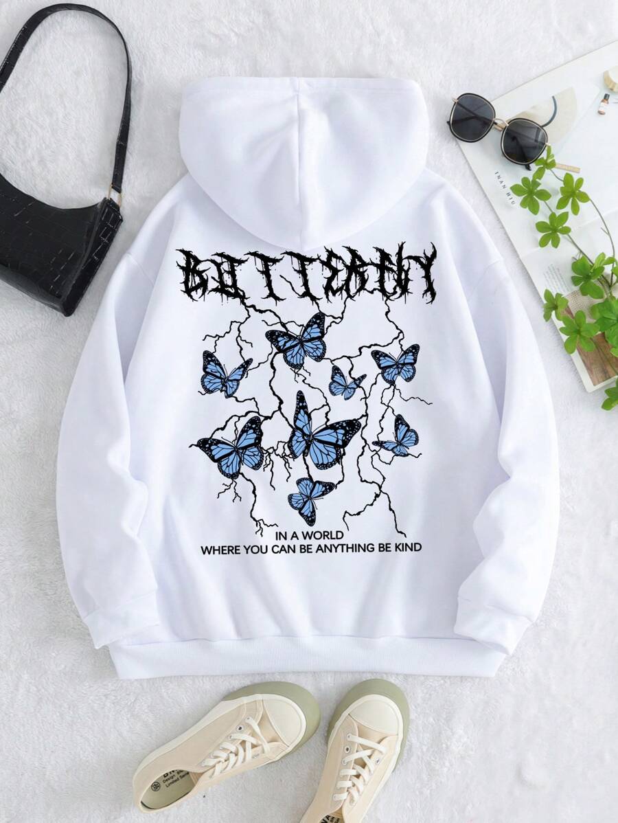 SHEIN EZwear 加大码蝴蝶标语图案抽绳保暖内衬卫衣 - 白色 - 查看 1
