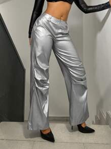 SHEIN ICON 褶邊喇叭PU皮革長褲 - 銀色 - 查看 5