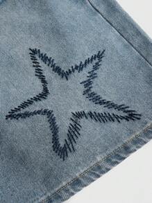 ROMWE Grunge Punk Women's Plus Size Distressed Denim Shorts With Star Patterns, School - Blue - View 4
