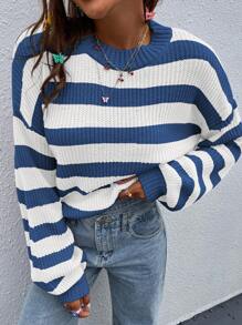 Calvaya Striped Pattern Drop Shoulder Sweater,Long Sleeve TopsKnit PulloverFall Winter Outfit