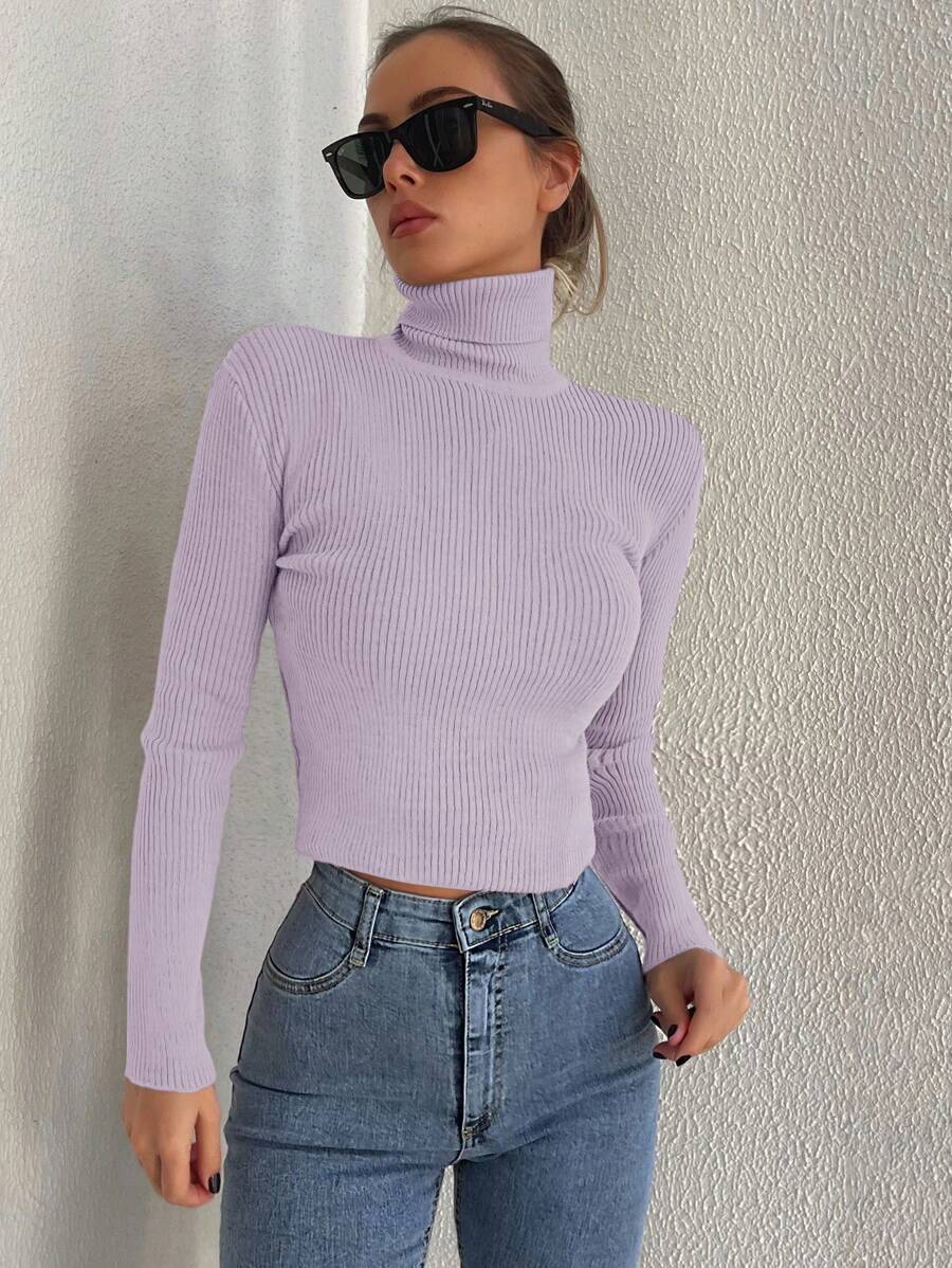 Cloudara Turtleneck Ribbed Knit Slim Fit Jumper - Lilac Purple - View 1
