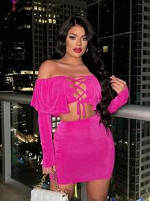 SHEIN SXY Năm mới Đêm trước Đầm Party Xếp li Đầm Mini Với Hai chiếc Thiết kế - Màu Hồng Tươi - Xem 3