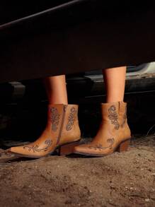 Styleloop 女性時尚花卉刺繡粗跟靴，女式牛仔靴 - 咖啡棕 - 查看 3