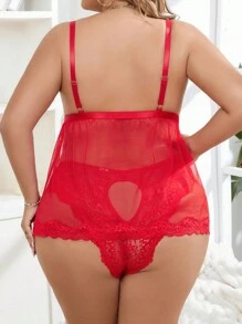 蕾絲拼接 蝴蝶結 開衩純色大碼性感內衣 - 紅色 - 查看 2