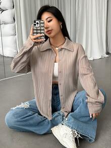 SHEIN EZwear Textured Pleated Shirt - Khaki - View 4