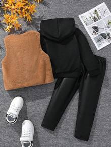 女小童插肩袖連帽衫&毛茸茸夾克背心和褲子 - 黑色 - 查看 2