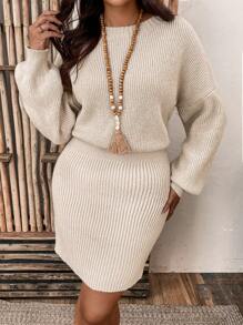 SHEIN LUNE 大碼落肩袖毛衣洋裝 - 杏色 - 查看 1