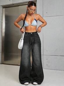 SHEIN ICON Rửa thuốc tẩy quần ống rộng Quần jean - màu đen - Xem 5