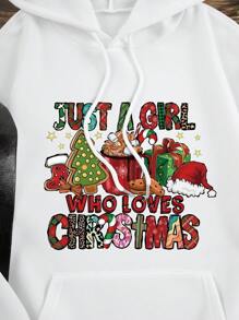 INAWLY Christmas Print Kangaroo Pocket Drawstring Thermal Hoodie - White - View 4