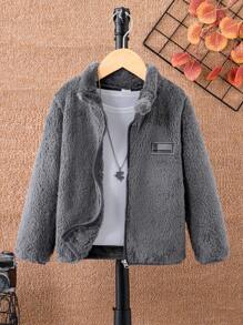 男小童字母補丁細節拉鍊法蘭絨夾克不帶T恤 - 灰色 - 查看 1