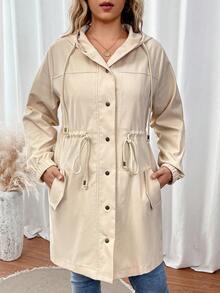 SHEIN LUNE 大碼腰部抽繩按扣前連帽外套 - 杏色 - 查看 5