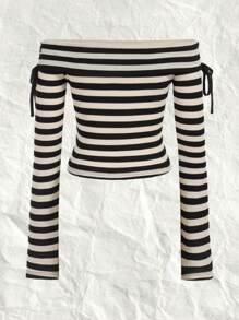 SHEIN EZwear 大碼條紋圖案一字肩打結細節T恤 - 彩色 - 查看 2