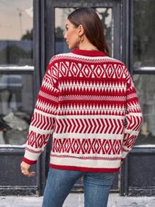 SHEIN LUNE Jersey con patrón geométrico de hombros caídos - Rojo y blanco - Ver 3