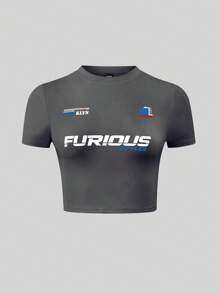 SHEIN Unity Của phụ nữ Lá thư In Ngắn tay Áo thun - Màu xám đen - Xem 1