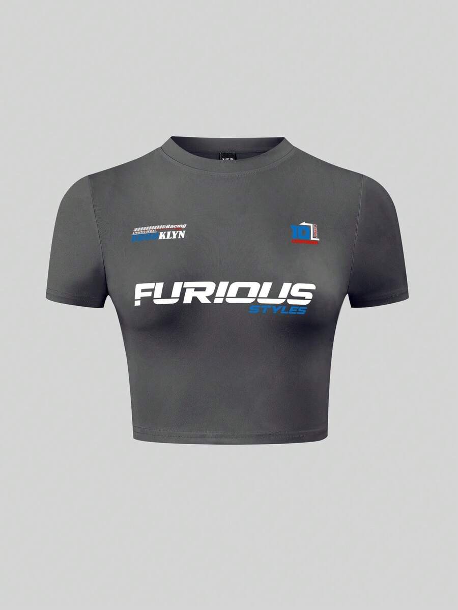 SHEIN Unity Của phụ nữ Lá thư In Ngắn tay Áo thun - Màu xám đen - Xem 1