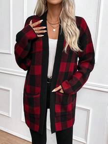 SHEIN Essnce Buffalo Plaid Pattern Drop Shoulder Cardigan - Burgundy - View 3
