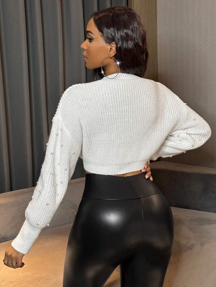 Pearl Detail Drop Shoulder Crop Cardigan