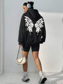 SHEIN Unity Phản chiếu In bướm Thả vai Hoodie - màu đen - Xem 5