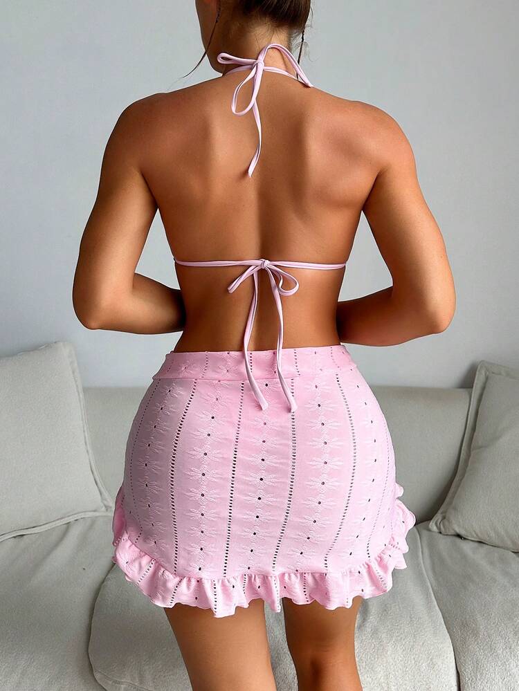 Ruffled Edges & Embroidered Mesh Bikini Set With Beach Skirt Summer