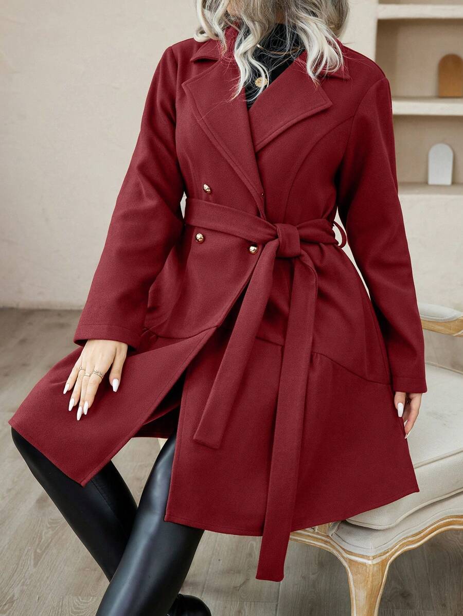 SHEIN LUNE 大尺碼露襠毛呢外套,雙排扣前開和腰帶 - 紅色 - 查看 1