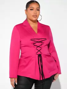 Allurite Plus Lace Up Front Lapel Neck Coat - Hot Pink - View 5