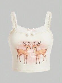 ROMWE Kawaii Lindo Top De Camisola Con Estampado De Patrón De Ciervo Y Encaje - Albaricoque - Ver 1