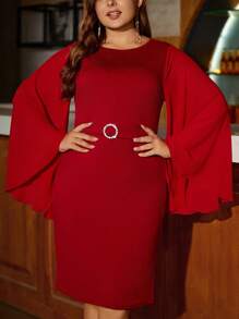 SHEIN Clasi Plus Cloak Sleeve Belted Dress - Burgundy - View 6