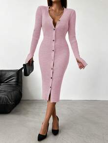 SHEIN Màu thuần Cổ chữ V Đồ đan Ribbed Đầm Áo len Với Mặt trước - Hồng - Xem 4