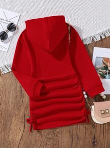 SHEIN Cô gái Tween Chất rắn Bên dây rút Đàm áo cánh có mũ - Đỏ - Xem 2