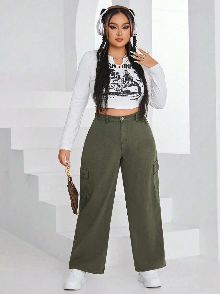 SHEIN SXY 大碼側翻蓋口袋工裝牛仔褲 - 綠色 - 查看 1