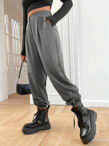 SHEIN EZwear 休閒口袋 拉鍊 褶皺面料純色女士長褲 - 灰色 - 查看 3