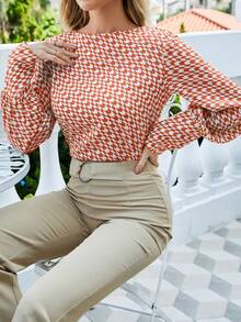 SHEIN LUNE Allover Print Keyhole Back Bishop Sleeve Blouse - Multicolor - View 3