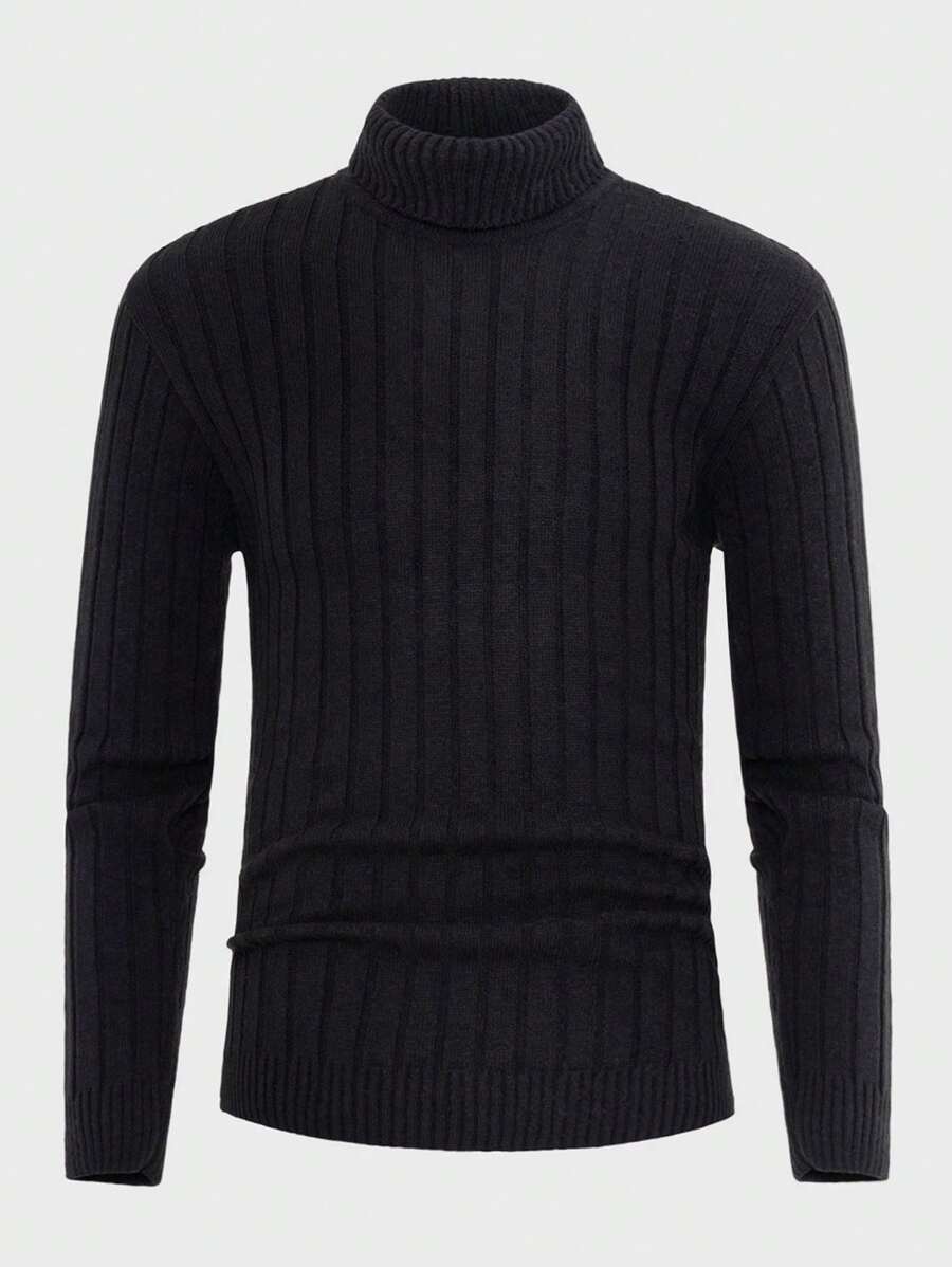 EURMUSE Men Solid Turtleneck Ribbed Knit Sweater - Black - View 1