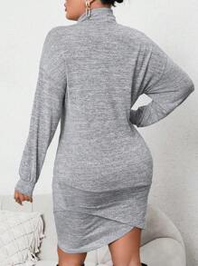SHEIN Unity Plus Mock Neck Drop Shoulder Wrap Hem Sweatshirt Dress Pullover Fall Outfit - Grey - View 2