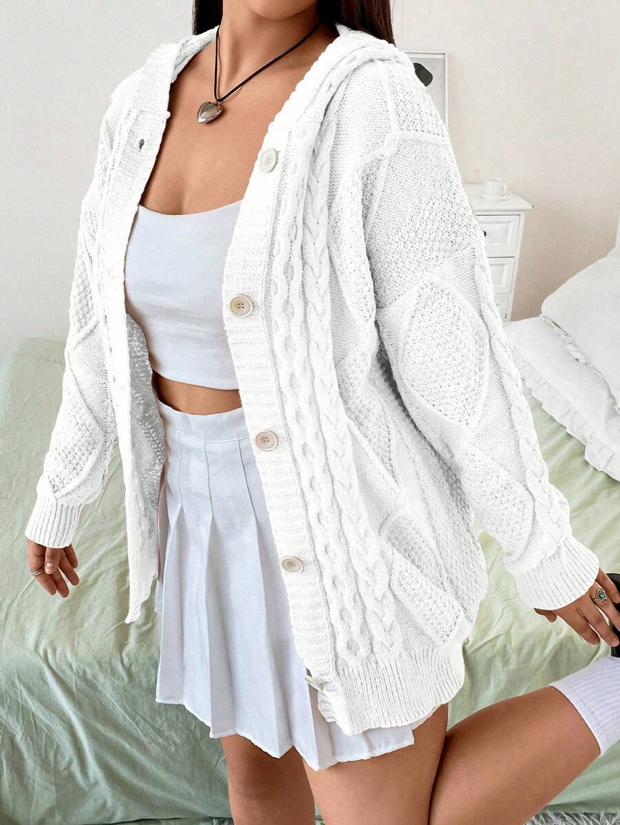 Flirla Plus Cable Knit Drop Shoulder Hooded Cardigan - Beige - View 1