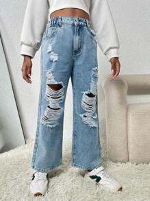 Chica preadolescente Jeans desgarro de pierna ancha - Lavado ligero - Ver 3