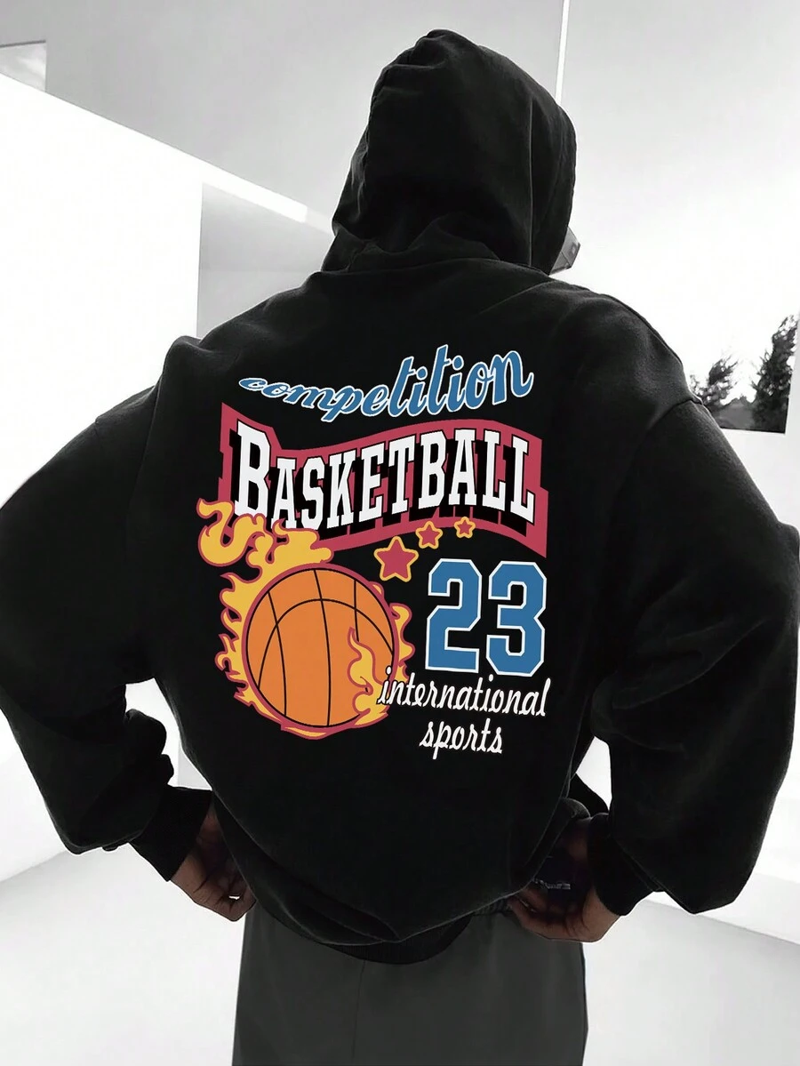 Nam Đồ họa chữ cái & bóng rổ Thả vai Dây rút Hoodie - màu đen - Xem 1