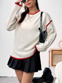 SHEIN Unity Viền tương phản Thả vai Áo len - trắng - Xem 5