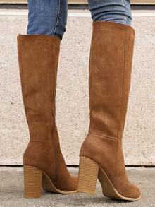 新品到貨秋天&冬天戶外素色粗跟女性靴子,大碼 - 棕色 - 查看 2