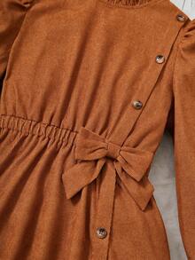 女大童荷葉袖前蝴蝶結燈芯絨洋裝&帽 - 棕色 - 查看 3