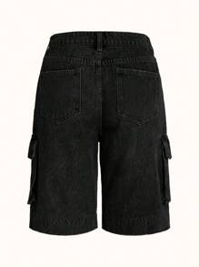 SHEIN EZwear Flap Pocket Side Bermuda Denim Shorts - Black - View 2