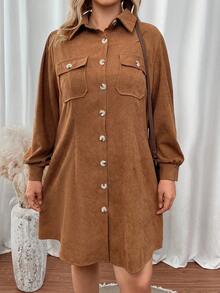 SHEIN LUNE Hơn Túi có nắp Tay áo lồng đèn Vải to sợi Váy sơ mi - Rỉ Nâu - Xem 3