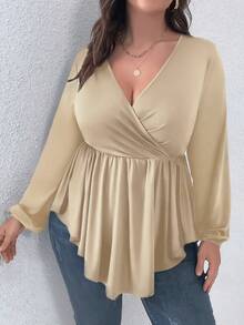 SHEIN Clasi Talla grande Camiseta de cuello cruzado peplum - Champán - Ver 3