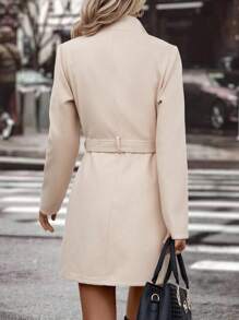SHEIN Clasi Solid Color Belted Woolen Coat With Stand Collar - Apricot - View 3