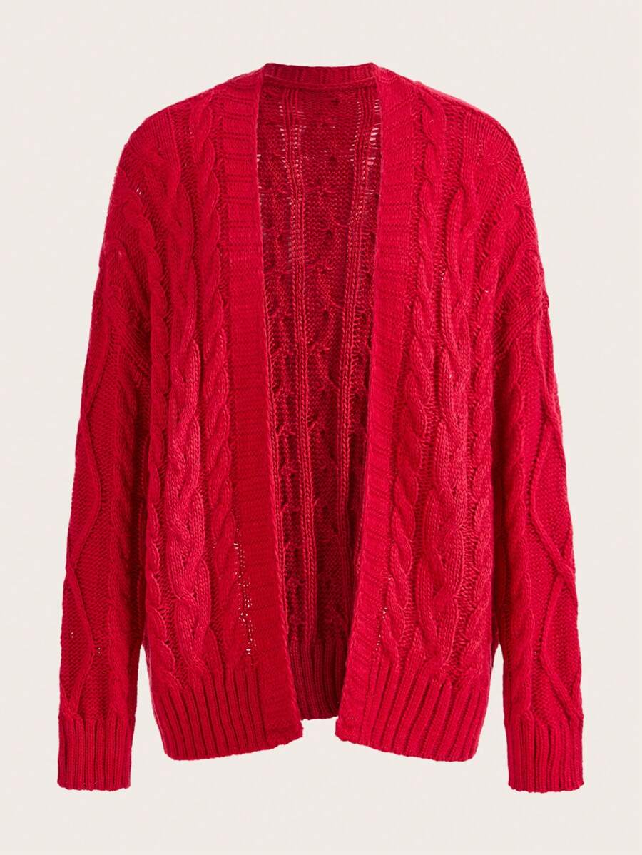 ROMWE PUNK Áo khoác cardigan thả vai dệt kim cáp trơn - Màu Đỏ Sâu - Xem 1